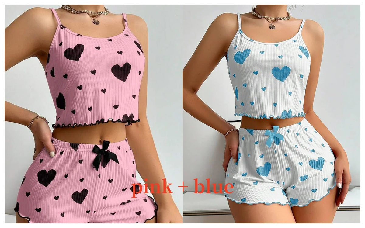 Women's Pajamas Set Sleepwear 2 PCS Short Tank Tops And Shorts S M L White Ventilate Soft Casual Love Printing - image 13