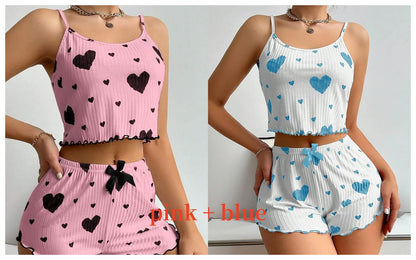 Women's Pajamas Set Sleepwear 2 PCS Short Tank Tops And Shorts S M L White Ventilate Soft Casual Love Printing - image 13