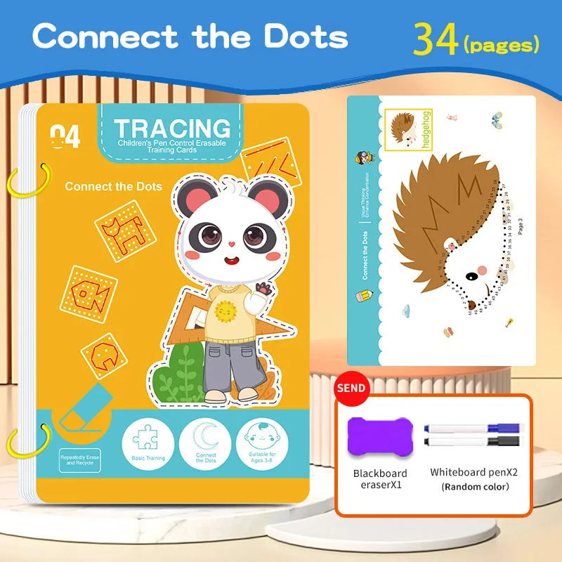 34-Page Reusable Children's Practice Book Set with Erasable Pen - Early Learning of Writing and Drawing Skills, Educational…