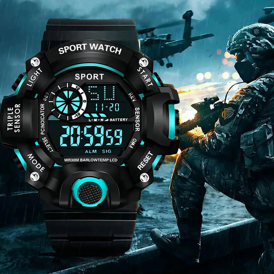 Fashion Men's Watch Sports Electronic Wristwatch Large dial Multifunctional Waterproof Luminous Alarm Kids Male's Military W…