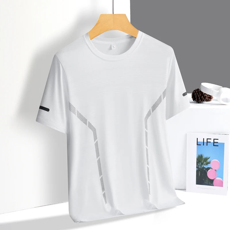 Running T-shirt Men Summer Ice Silk Thin Top Reflective Printing Quick Dry Short Sleeve Breathable Fitness Sports T-shirt 5X…