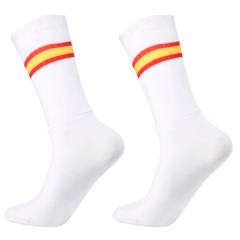 Aero Cycling Summer Anti Socks Whiteline Slip Silicone Socks Men Bicycle Sport Running Bike Socks Calcetines Ciclismo - imag…
