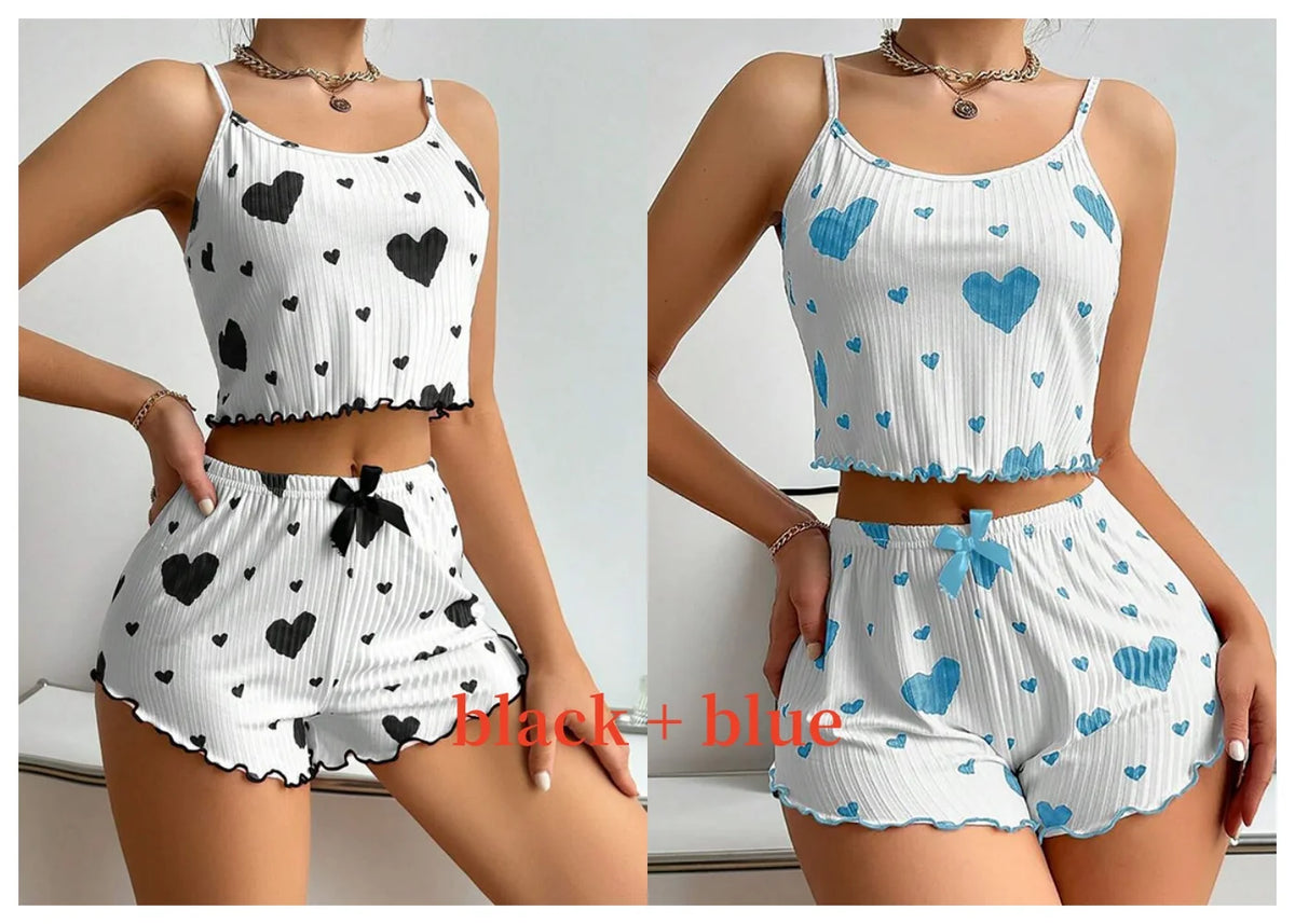 Women's Pajamas Set Sleepwear 2 PCS Short Tank Tops And Shorts S M L White Ventilate Soft Casual Love Printing - image 18
