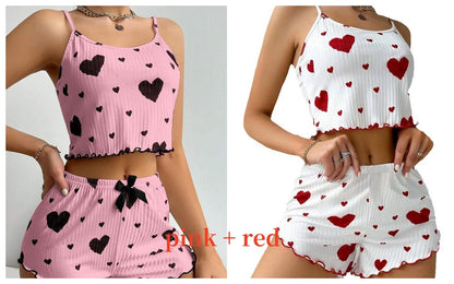 Women's Pajamas Set Sleepwear 2 PCS Short Tank Tops And Shorts S M L White Ventilate Soft Casual Love Printing - image 16