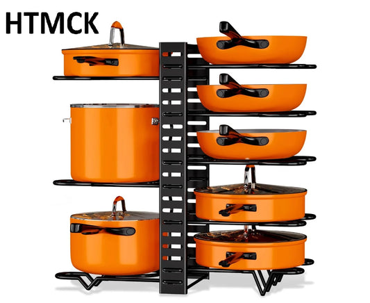 HTMCK Space-Saving 8-Tier Pot Rack Organizer - Durable Metal Holder for Pans, Pots, and Lids to Keep Your Kitchen Neat and T…