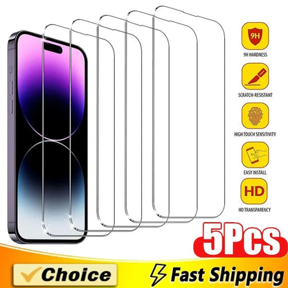 5Pcs Tempered Glass For iPhone 15 13 11 12 14 Pro Max Mini Screen Protector For IPhone 16 17 8 Plus X XR XS MAX Protective G…