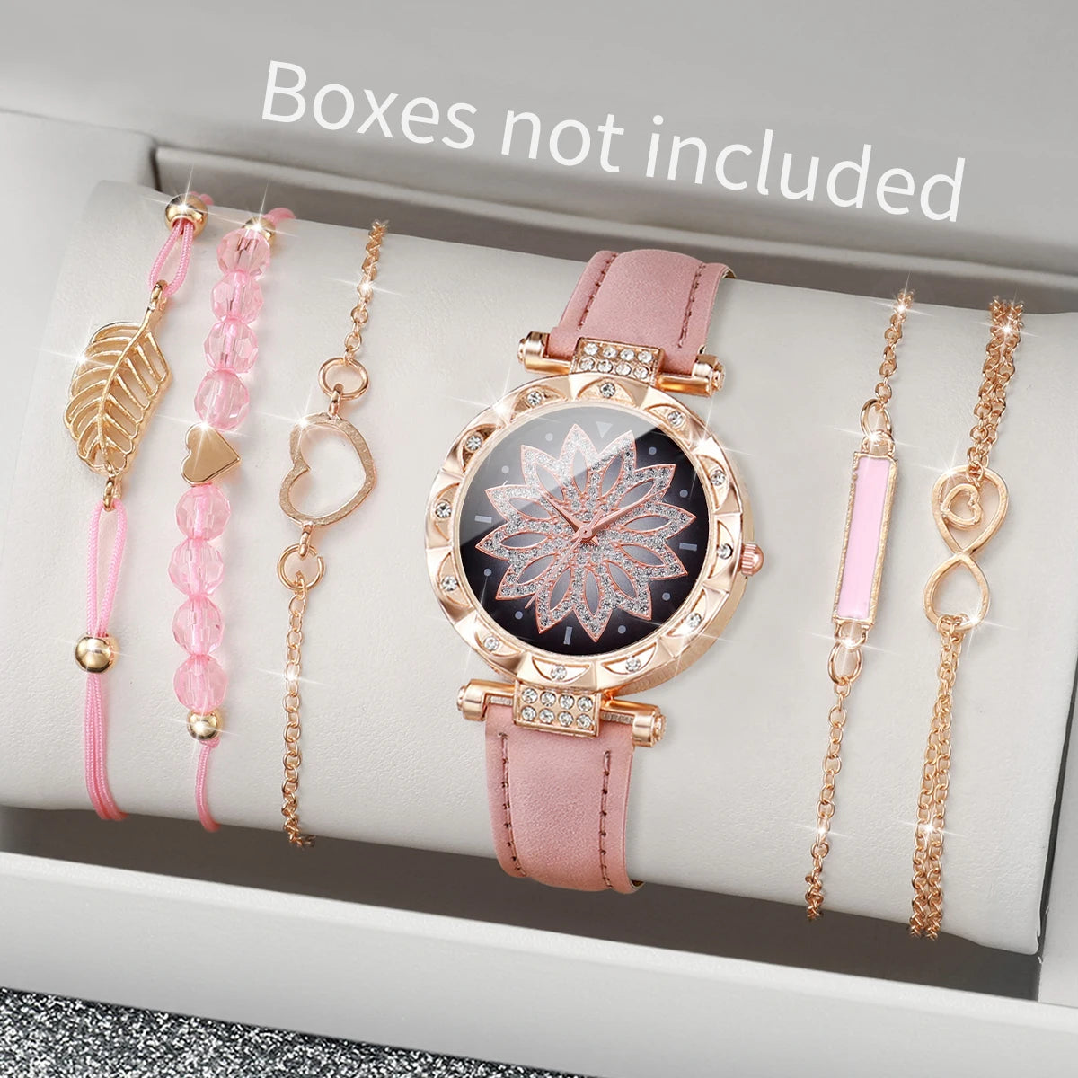 6PCS/Set Fashion Heart Dial Women's Watch Casual Leather Band Analog Quartz Watch Leaf Bracelets Set（Without Box） - image 8