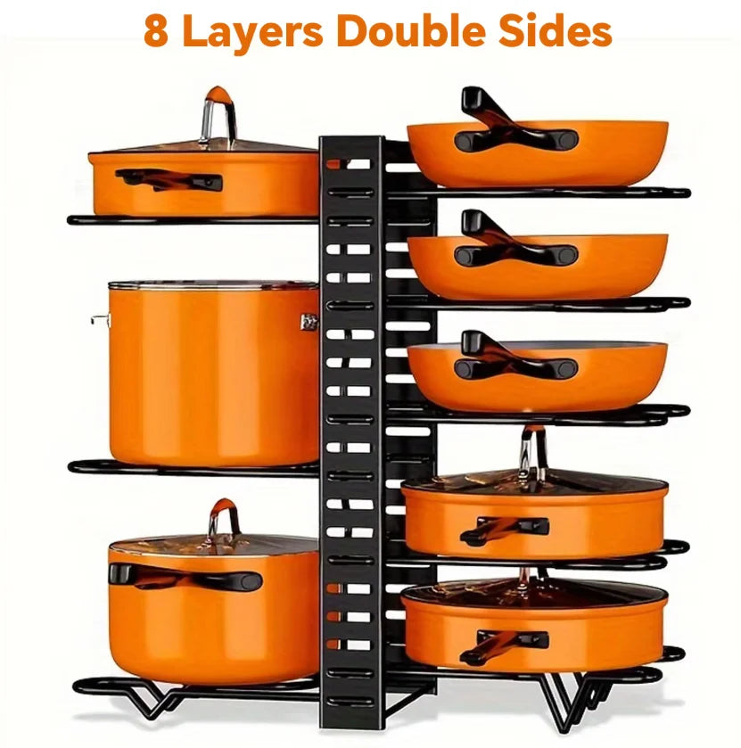 HTMCK Space-Saving 8-Tier Pot Rack Organizer - Durable Metal Holder for Pans, Pots, and Lids to Keep Your Kitchen Neat and T…
