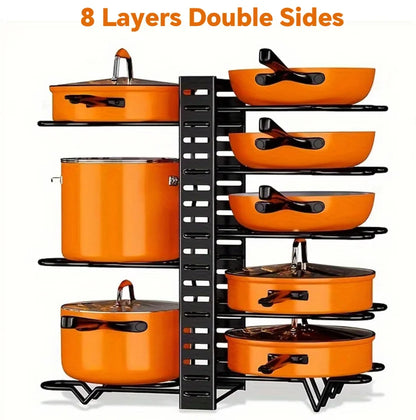 HTMCK Space-Saving 8-Tier Pot Rack Organizer - Durable Metal Holder for Pans, Pots, and Lids to Keep Your Kitchen Neat and T…