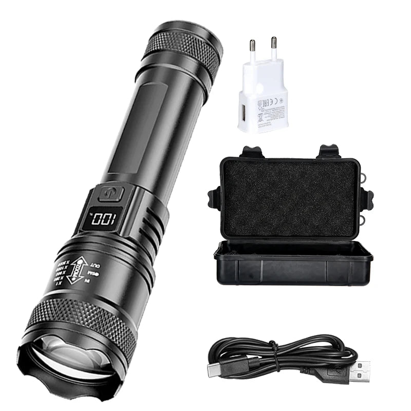 Rechargeable LED Flashlight Zoomable Torch with LCD Display 3 Modes Waterproof High Power Hand Light Outdoor Wilderness Camp…