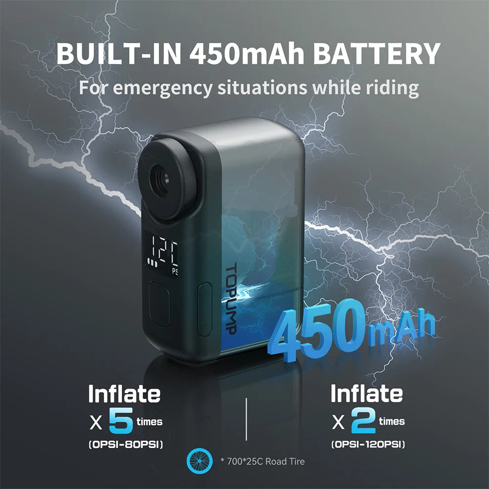TOPUMP TB2 PRO Mini Portable Electric Pump for Bike Cordless Tire Inflator 120PSI Max 450mAh Battery with Screen Fast Chargi…