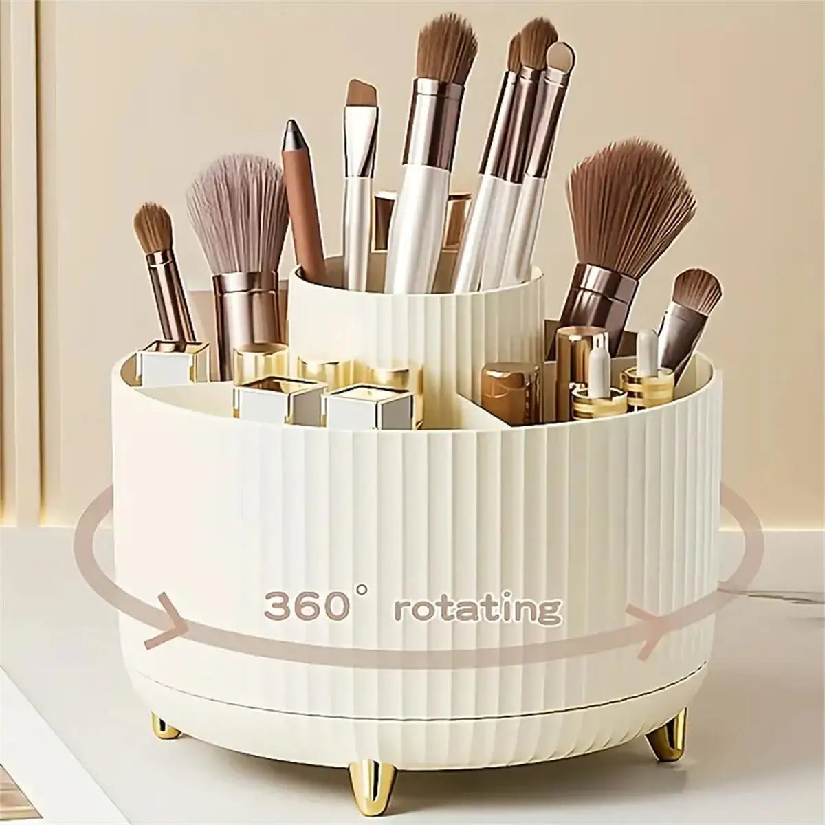 360° Rotating Makeup Organizer - 1pc Plastic Cosmetic Storage with 5 Compartments - Multi-Functional Holder for Brushes - im…