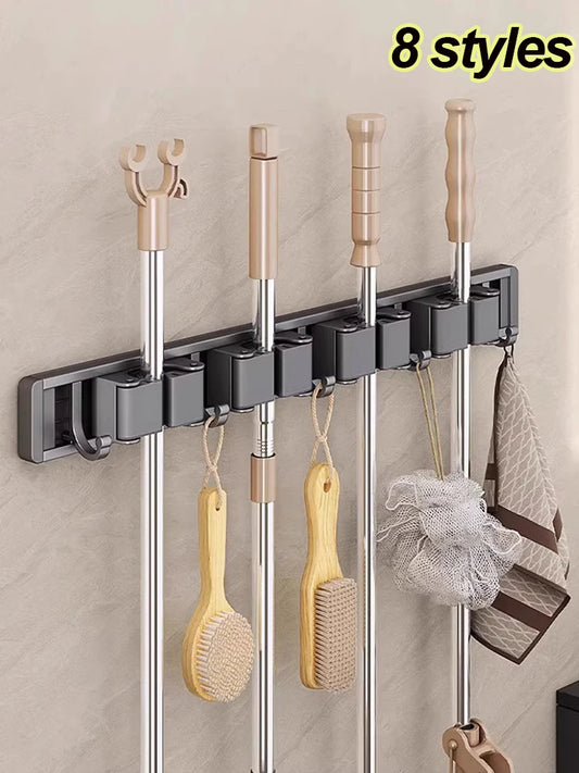 Mop and Broom Organizer Mop Holder Rack Mop Holder Wall Mounted Strong Broom Mop Holder Shelf with Hooks Organizers Hang Bro…