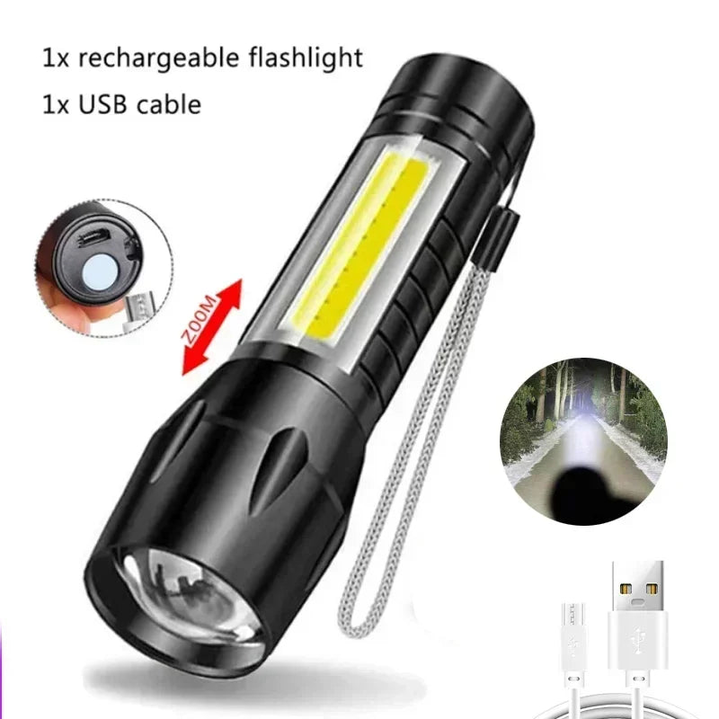 Mini LED Flashlight COB+XPE Portable Torch USB Charging Camping Lantern Zoomable Focus Light Tactical Flashlight with Pen Cl…