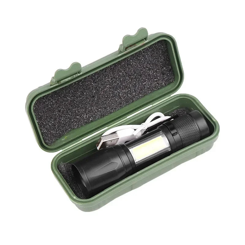 Mini LED Flashlight COB+XPE Portable Torch USB Charging Camping Lantern Zoomable Focus Light Tactical Flashlight with Pen Cl…