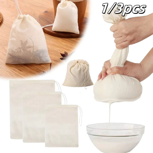1/3pcs Reusable Cotton Food Filter Bag Drawstring Type Medicine Herbal Spice Strainer Soup Mesh Filter Kitchen Food Filter B…