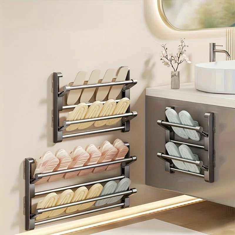 Bathroom slipper rack, wall mounted, non perforated, shoe rack behind the bathroom door, drainage multi-layer folding shoe s…