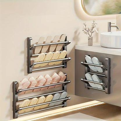 Bathroom slipper rack, wall mounted, non perforated, shoe rack behind the bathroom door, drainage multi-layer folding shoe s…