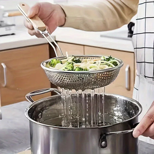 Stainless Steel Colander with Wooden Handle - Fine Mesh Skimmer Spoon for Cooking, Food Prep Grease Filtering for Pasta Nood…