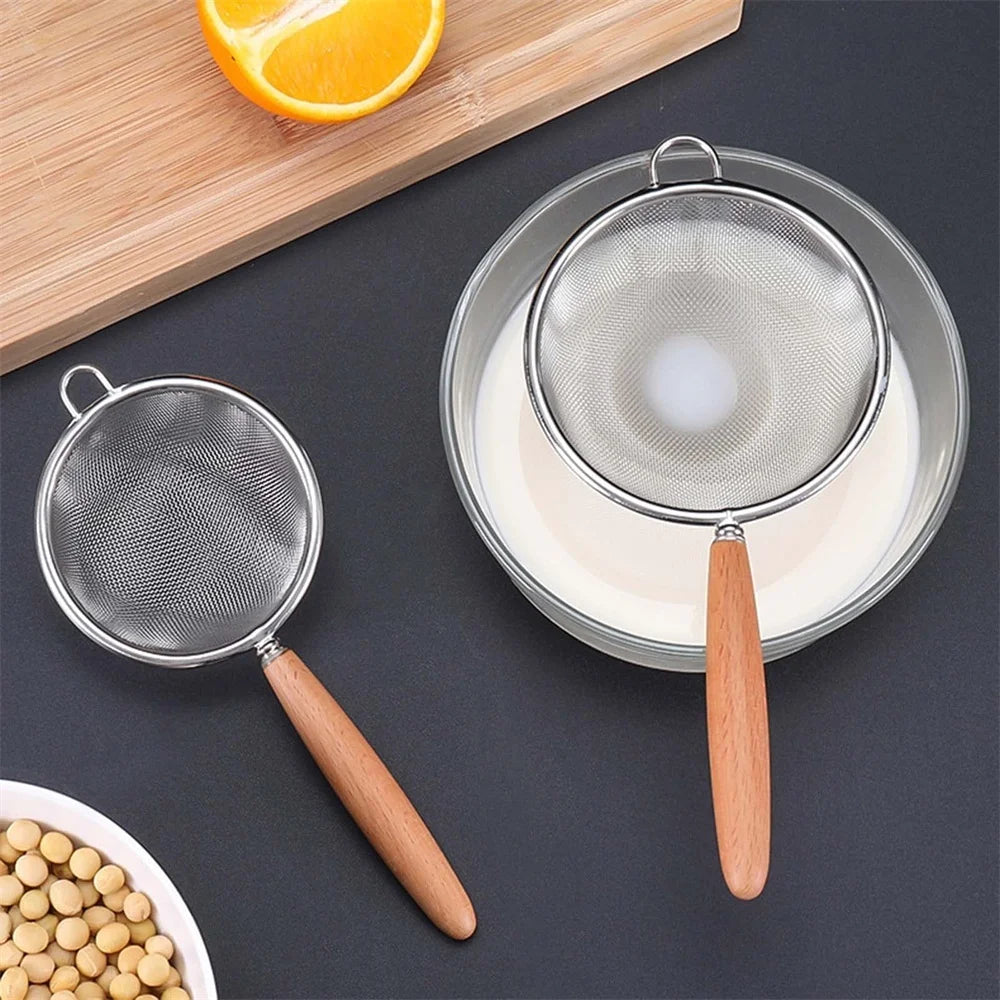1/3pcs Stainless Steel Colander with Wooden Long Handle Hanging Ear Kitchen Strainer Filter Fine Mesh Sieve Sifter Kitchen T…