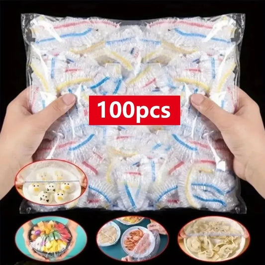 100PCS Food Covers Colorful Disposable Fridge Fresh Keep Bag Kitchen Transparent Cling Film Cover Fruit Food Freshness Seal…