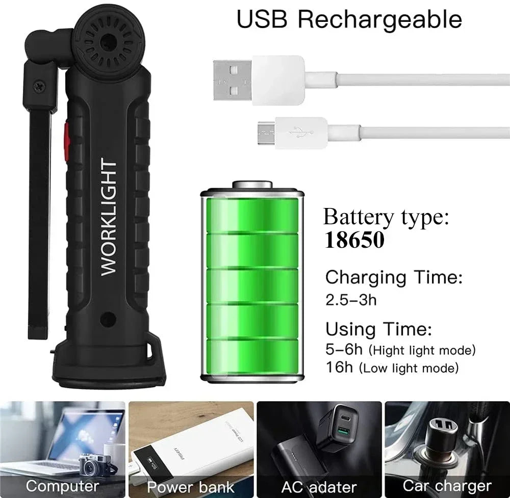 Portable COB LED Work Light USB Rechargeable LED Flashlight Inspection Lamp With Magnetic Hook Power Bank 18650 Battery Torc…
