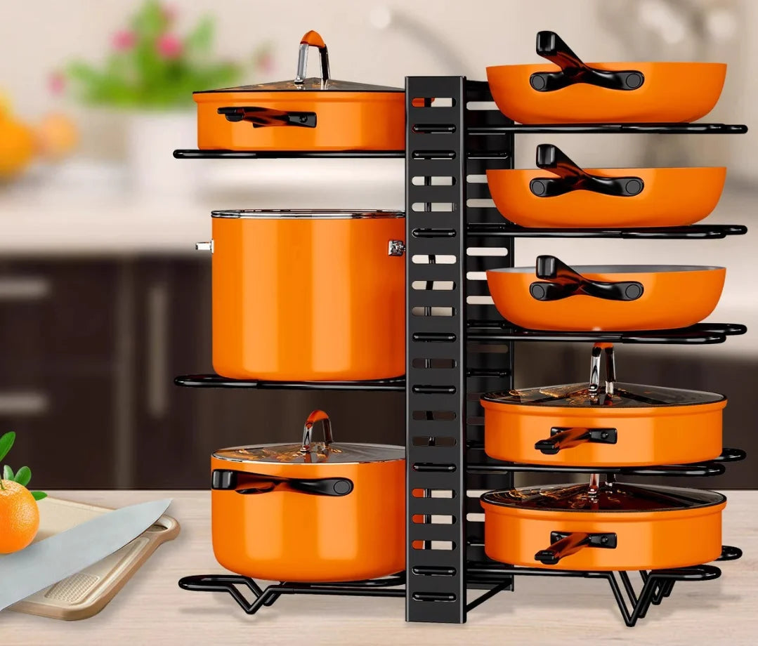 HTMCK Space-Saving 8-Tier Pot Rack Organizer - Durable Metal Holder for Pans, Pots, and Lids to Keep Your Kitchen Neat and T…