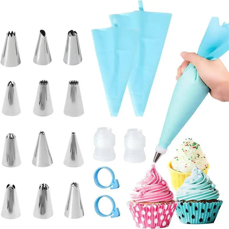 Silicone Piping Bags and Tips Set Cake DIY Decorating Kit with Stainless Steel Nozzle Reusable Silicone Pastry Baking tool -…