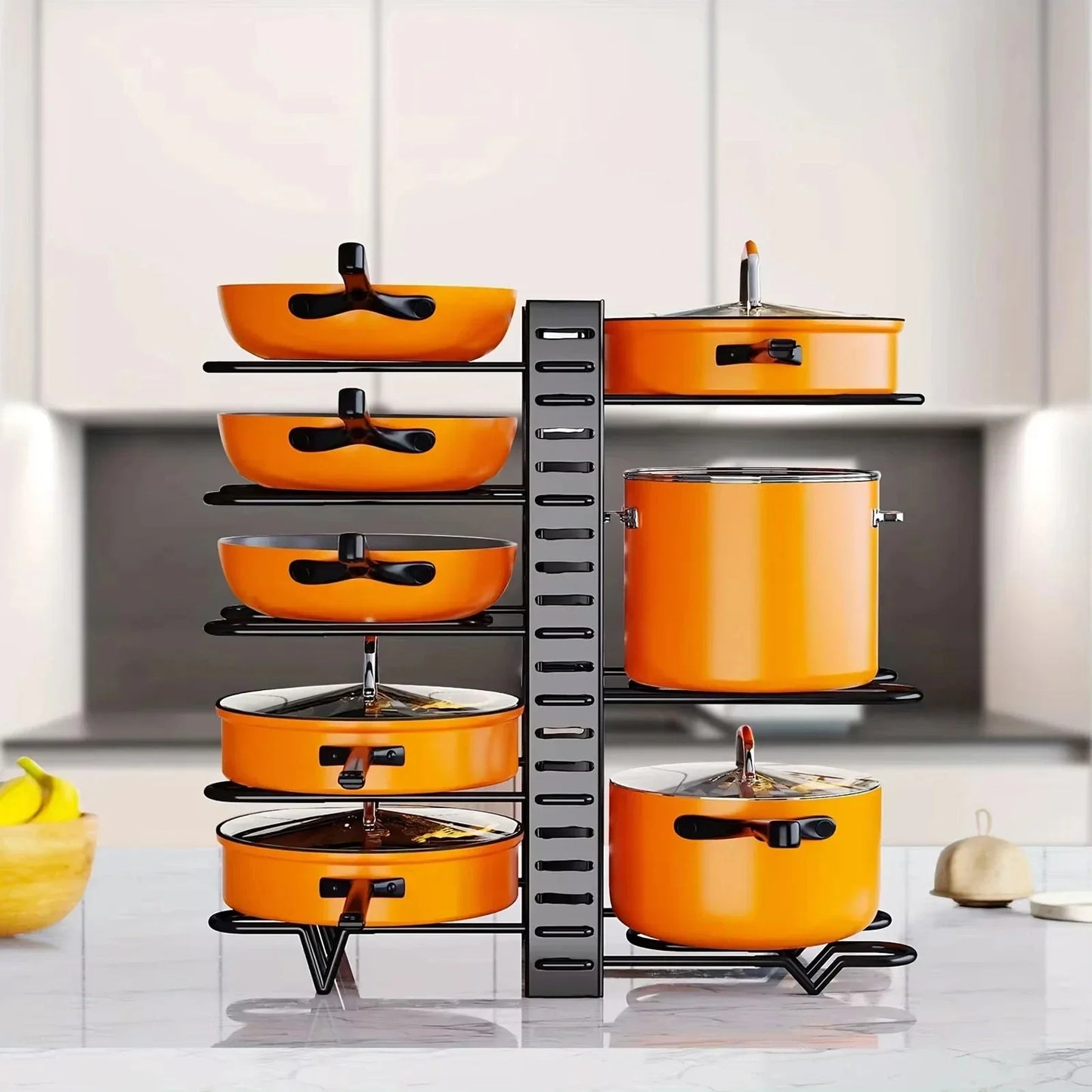 HTMCK Space-Saving 8-Tier Pot Rack Organizer - Durable Metal Holder for Pans, Pots, and Lids to Keep Your Kitchen Neat and T…