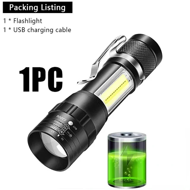 USB Rechargeable Mini Flashlight COB+XPE Portable Built-in Battery Zoomable Small Torch 3 Mode Camping Emergency Flashlights…