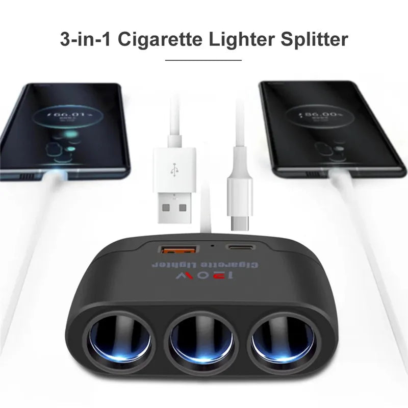 3 in 1 USB Type C Socket 120W Car Cigarette Lighter Splitter 12V 24V Fast Charger Phone Power Adapter for Car DVR GPS Dashca…