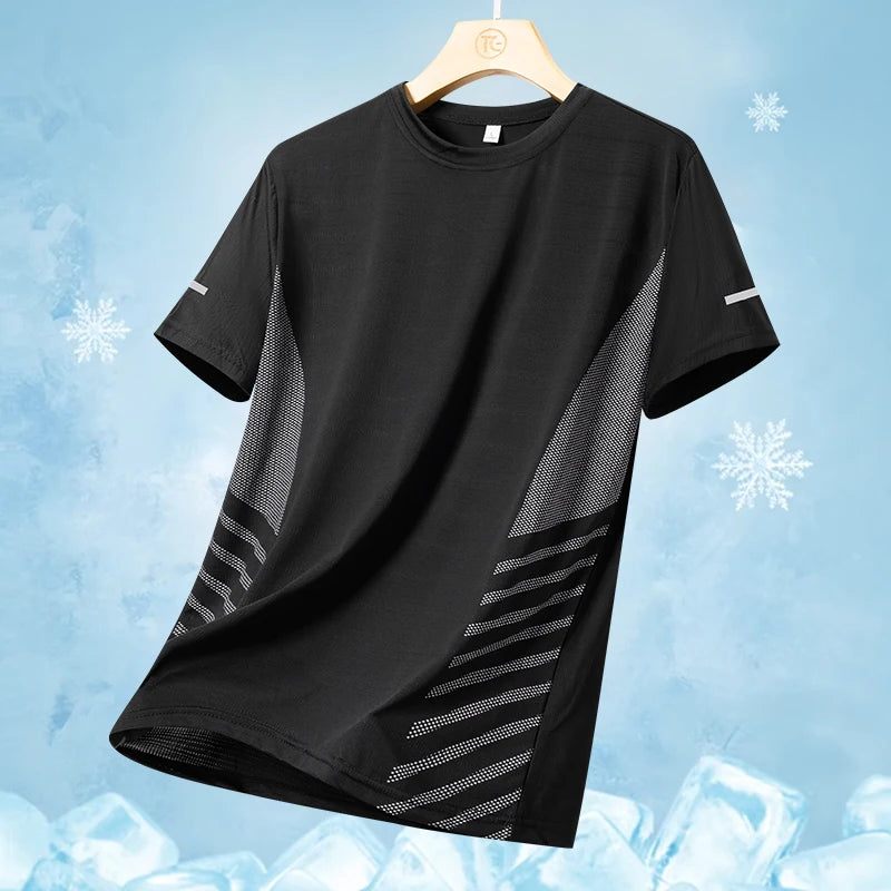 Running T-shirt Men Summer Ice Silk Thin Top Reflective Printing Quick Dry Short Sleeve Breathable Fitness Sports T-shirt 5X…
