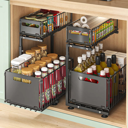 2 Tier Pull Out Cabinet Organizer Adjustable Kitchen Storage Rack Under Sink Organizer Spice Jar Storage Rack Slide Out Draw…
