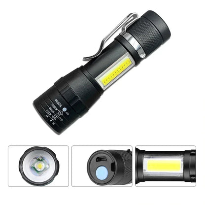 Portable Rechargeable LED Flashlight with Pen Clip Zoomable Waterproof Torch with Side Light Outdoor Camping Emergency Lante…
