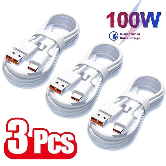 3PCS 6A 100W Type C Super Fast Charging Cable Data Cord For Samsung Huawei Xiaomi Redmi Quick Charing USB C Cables