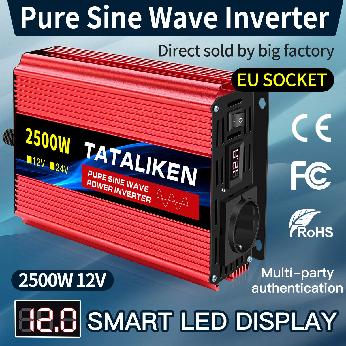 Inverter Pure Sine Wave 2500W/3500W/4500W/5000WDC 12V/24V to AC 220V 230V Voltage Transfer Converter Charging Adapter EU Soc…