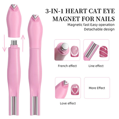1Pcs 3-In-1 Heart Shape Cat Eye Nail Art Magnet Double Line Moon Snake French Magnet Pen for Magnetic Gel Polish Manicure To…