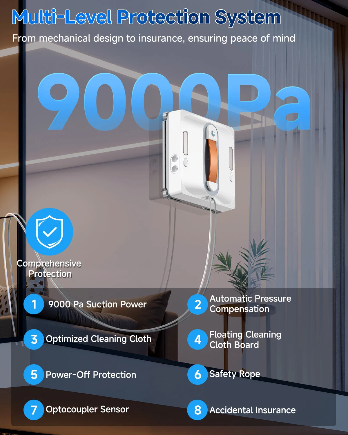 Lubluelu Robot Window Washer 8-Layer Safety Protection 9000Pa Suction Intelligent Path Edge Cleaning Home Glass Cleaning Rob…