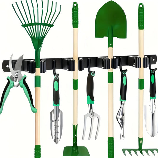 1 Heavy-Duty Metal Tool Rack with 4 Slots and 5 Hooks - Wall-Mounted Storage for Garden Tools, Brooms, Mops, and Garage Equi…