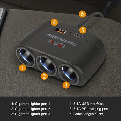3 in 1 USB Type C Socket 120W Car Cigarette Lighter Splitter 12V 24V Fast Charger Phone Power Adapter for Car DVR GPS Dashca…