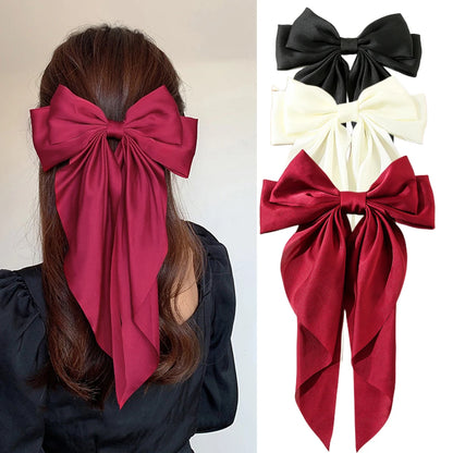 Korean Accessories Hair Clips for Women Girls Big Bowknot Solid Satin Long Ribbon Bows Spring Clamp Barette Cheveux Femme 20…
