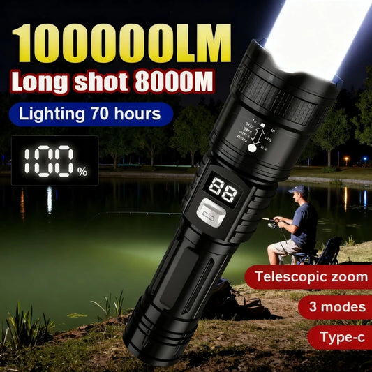 100000LM Super Bright Flashlight Rechargeable LED Torch Long Range Tactical Lamp for Outdoor Waterproof Camping Fishing Lant…