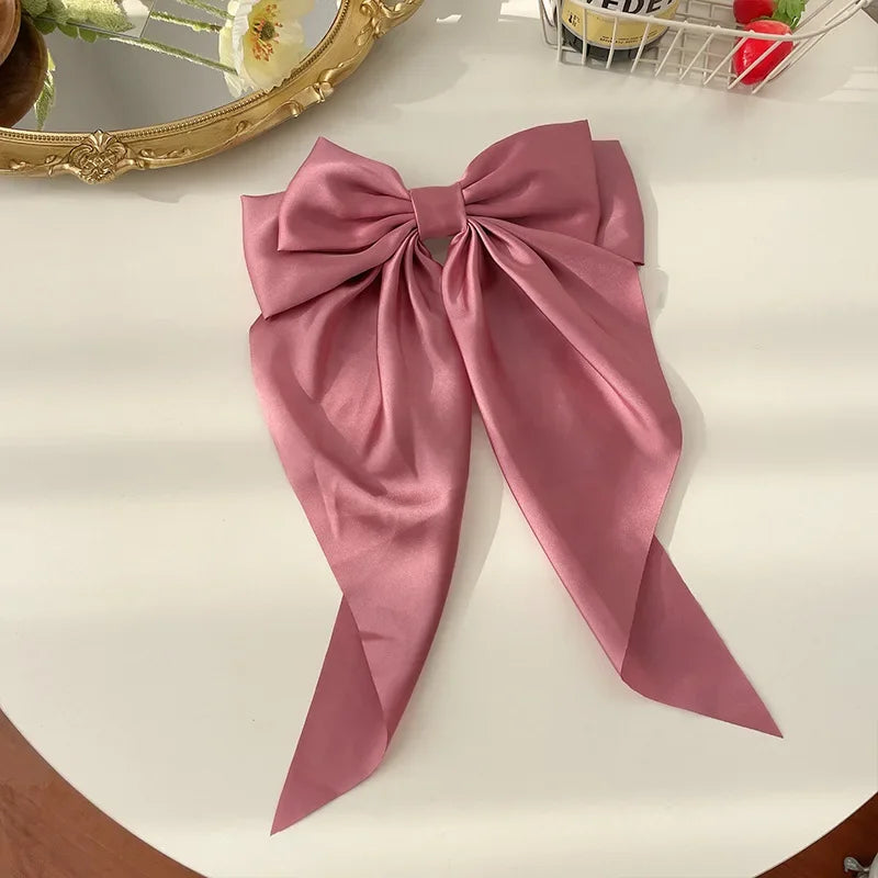 Korean Accessories Hair Clips for Women Girls Big Bowknot Solid Satin Long Ribbon Bows Spring Clamp Barette Cheveux Femme 20…