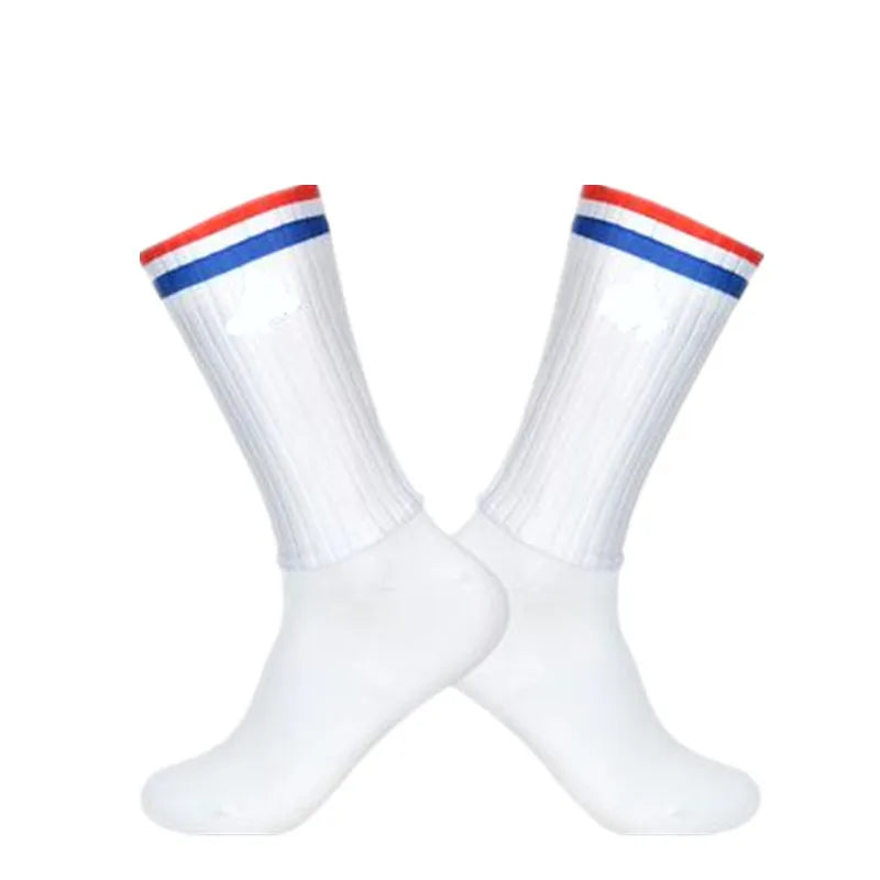 Aero Cycling Summer Anti Socks Whiteline Slip Silicone Socks Men Bicycle Sport Running Bike Socks Calcetines Ciclismo - imag…
