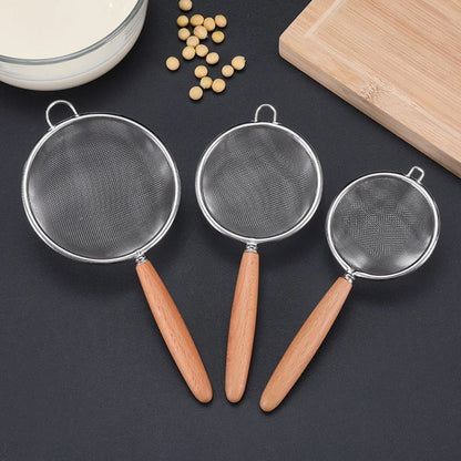 1/3pcs Stainless Steel Colander with Wooden Long Handle Hanging Ear Kitchen Strainer Filter Fine Mesh Sieve Sifter Kitchen T…
