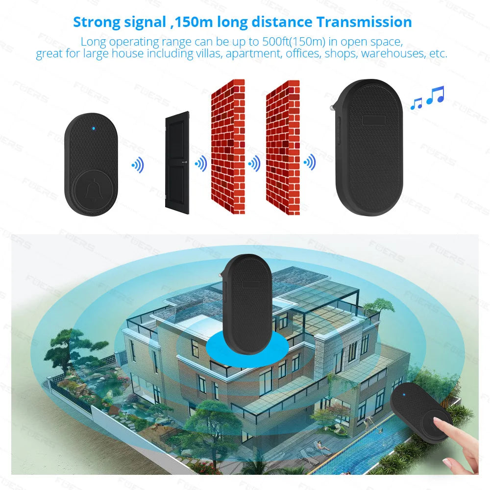 Fuers Wireless Doorbell Waterproof Button Welcome Chime Home Door Bell Intelligent 32 Songs Smart Melodies Alarm With Batter…