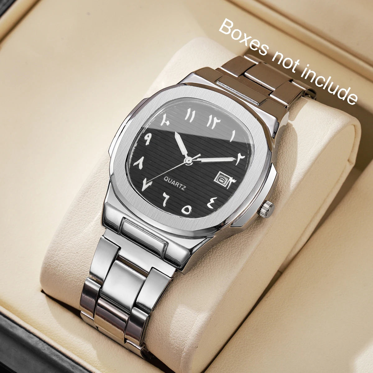 Luxury Men Business Watches Fashion Square Dial Stainless Steel Strap Quartz Watch with Calendar For Mens Clock（Without Box）…