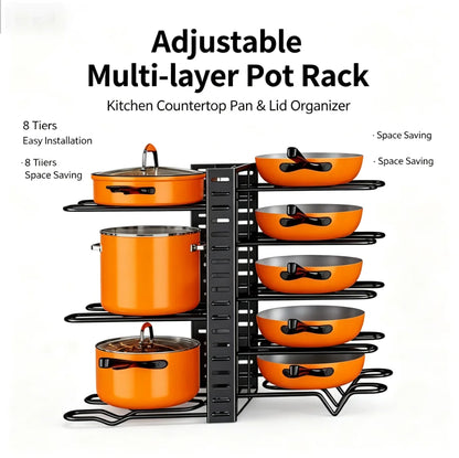 HTMCK Space-Saving 8-Tier Pot Rack Organizer - Durable Metal Holder for Pans, Pots, and Lids to Keep Your Kitchen Neat and T…