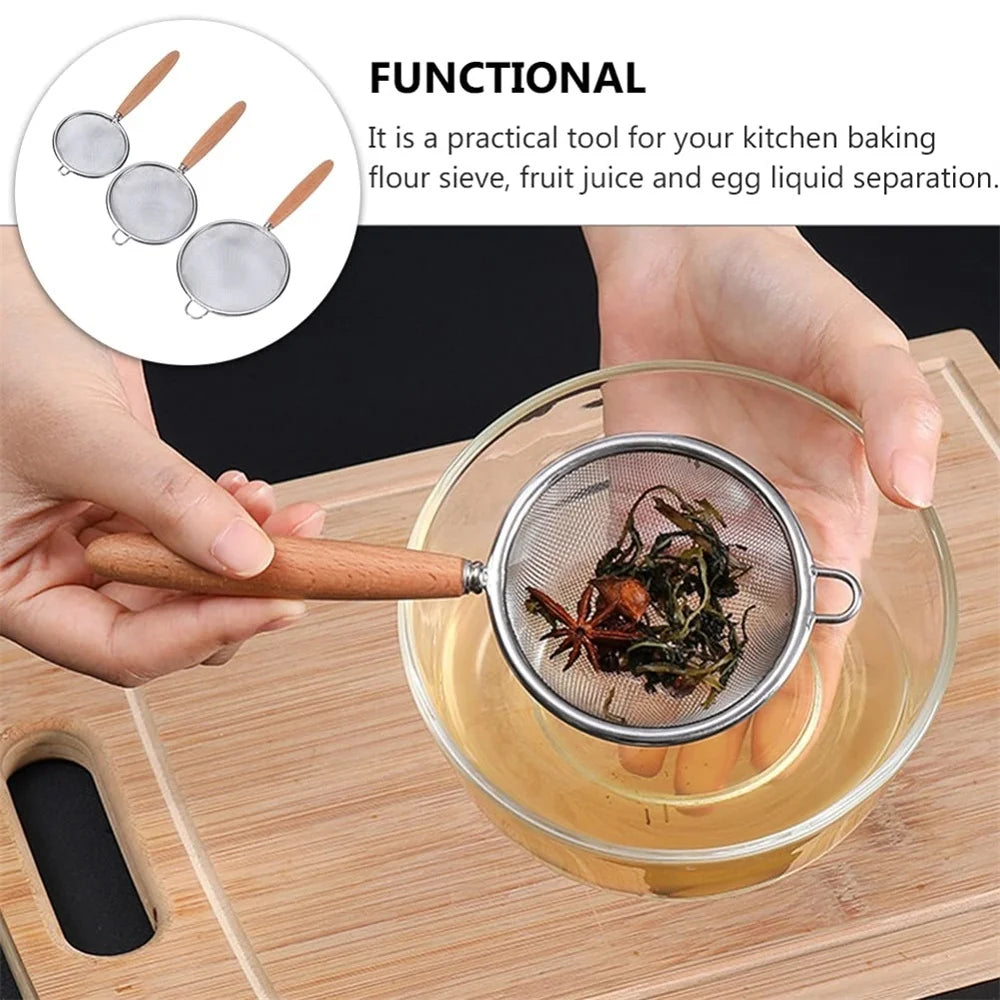 1/3pcs Stainless Steel Colander with Wooden Long Handle Hanging Ear Kitchen Strainer Filter Fine Mesh Sieve Sifter Kitchen T…