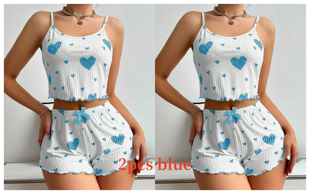 Women's Pajamas Set Sleepwear 2 PCS Short Tank Tops And Shorts S M L White Ventilate Soft Casual Love Printing - image 11